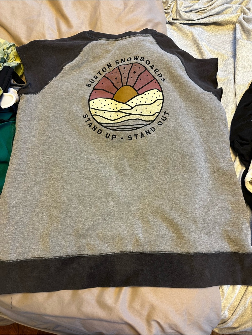 BurtonGray Raglan Sweatshirt with Sunrise/Sunset Graphic distressed